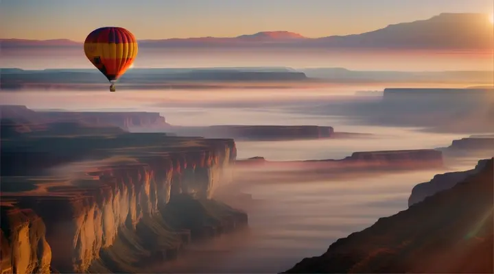 A hot air balloon at sunrise, floating over a mist-filled canyon with distant mountains