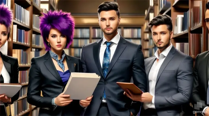 one woman and two men stand between isles of books in a library