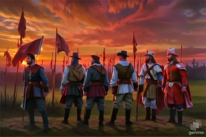 a group of men standing next to each other on top of a field The effect I aim for is to achieve a sketch painting using charcoal 