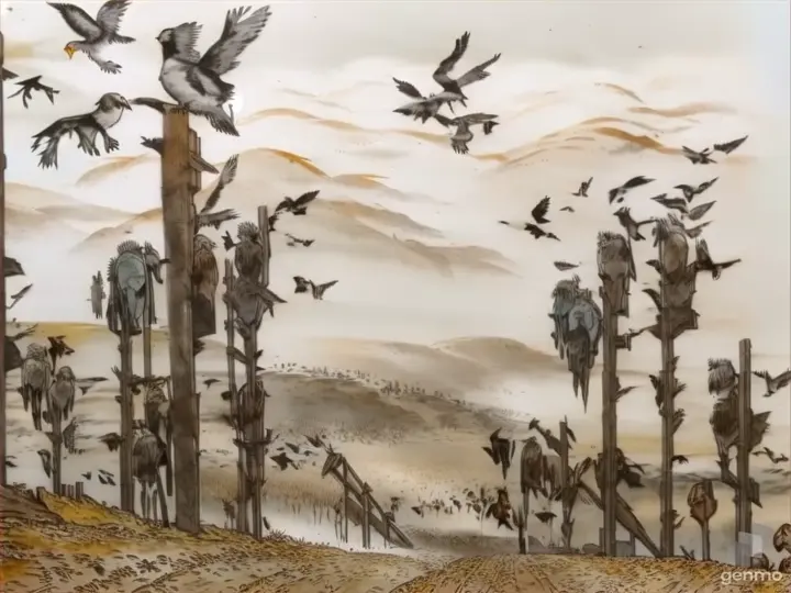 a painting of birds flying over a fieldThe effect I aim for is to achieve a sketch painting using charcoal 