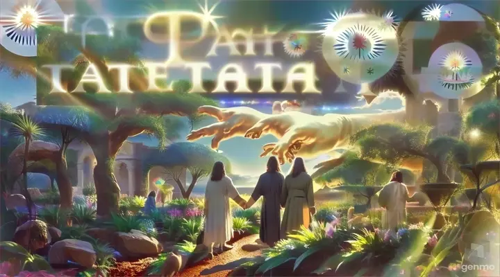 Man and woman walking hand in hand, following Jesus Christ, in a bright garden, surrounded by peaceful animals.