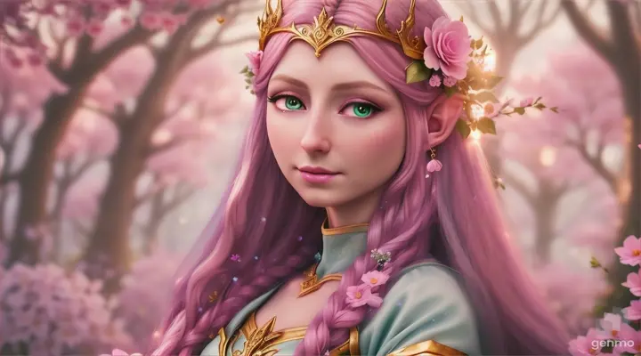 The image depicts a character with their face blurred,  Elf -queen Galadriel  surrounded by a serene and mystical environment. The character has long, flowing pink hair adorned with flowers and wears intricate golden jewelry. horizontal image