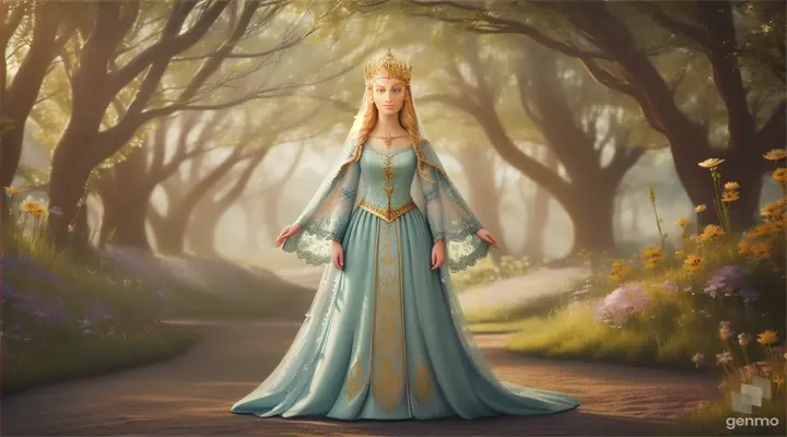 The image depicts a character with their face blurred,  Elf -queen Galadriel  surrounded by a serene and mystical environment. The character has long, flowing adorned with flowers and wears intricate golden jewelry. horizontal image