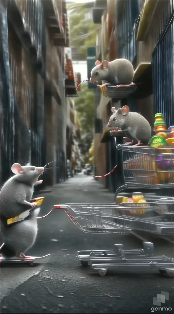 a mouse pulling a shopping cart full of food