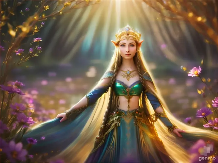 The image depicts a character with their face blurred,  Elf -queen Galadriel  surrounded by a serene and mystical environment. The character has long, flowing adorned with flowers and wears intricate golden jewelry. horizontal image