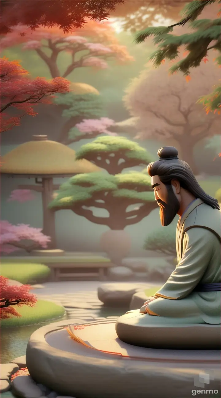 It depicts Confucius concentrating under a simple tree in a peaceful and tranquil oriental garden.

3d style animation 9:16