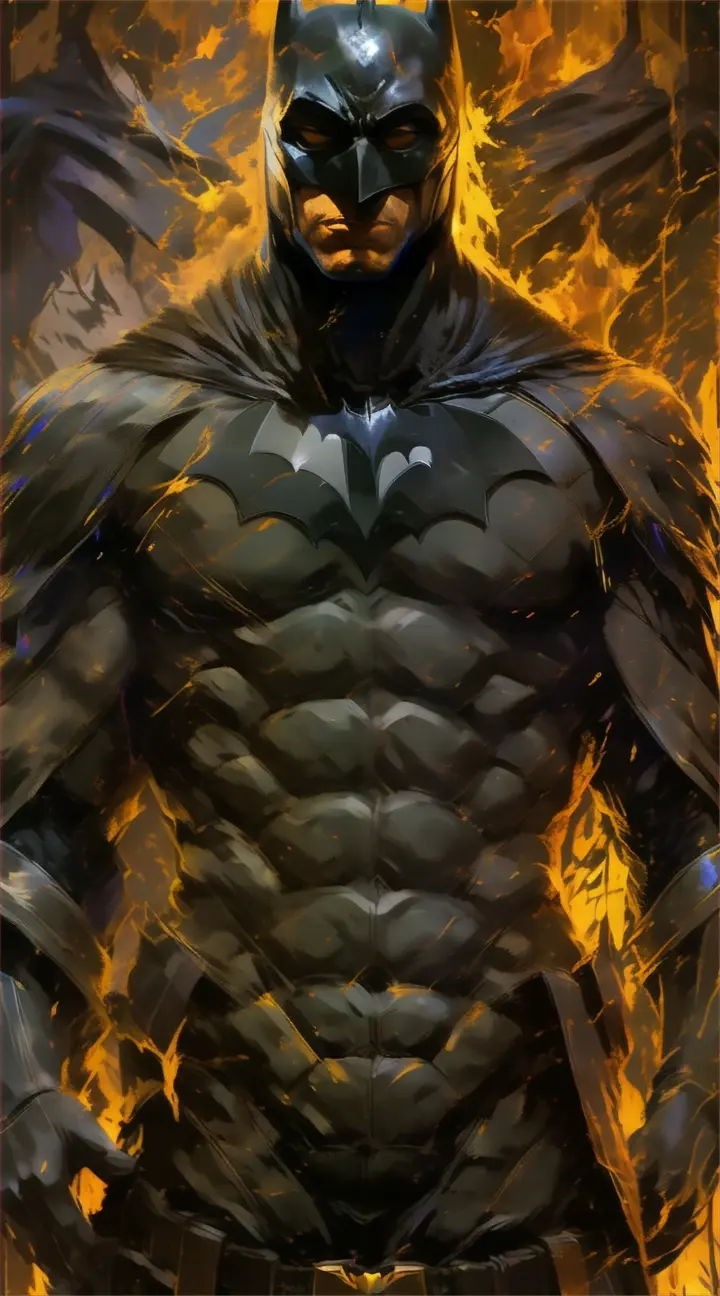 a painting of a batman standing in front of a fire