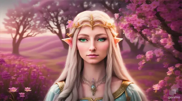 The image depicts a character with their face blurred,  Elf -queen Galadriel  surrounded by a serene and mystical environment. The character has long, flowing pink hair adorned with flowers and wears intricate golden jewelry. horizontal image