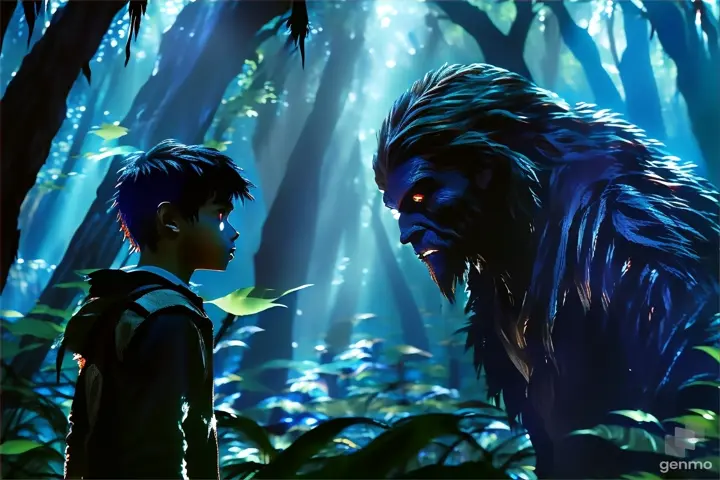 a young boy standing next to a giant monster in a forest