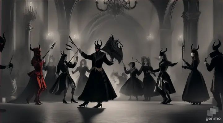 the Devil entering a Venetian masked ball party with his back turned with his trident and his tail, people watch him through his masks around dancing very Halloween sketch painting using charcoal” The devil goes without clothes wagging his tail and facing away