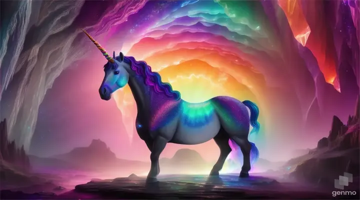 Unicorn in crystal cave glowing with rainbow light and surrounded by sparkling minerals