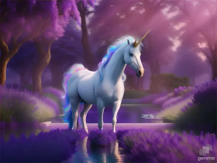 A unicorn standing near a luminous pool in a lavender forest