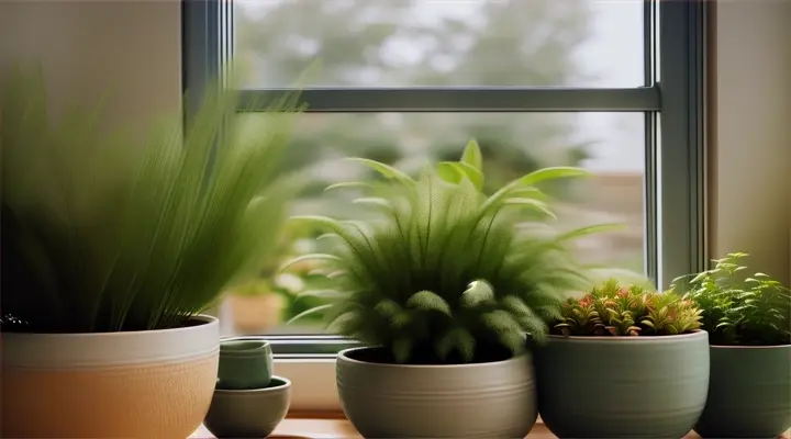 A cozy home interior overflowing with green plants of different sizes and shapes, nestled in an assortment of beautiful pots and planters