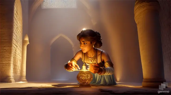 Take the reader on a journey as Aisha explores the ruins and stumbles upon the old lamp. Capture the moment of curiosity and anticipation as she rubs the lamp and Malik, the genie, appears.