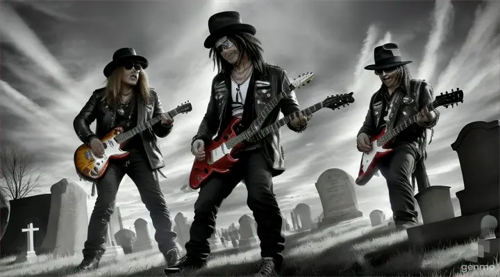 sketch painting using charcoal 360 degree view camera close-ups Guns N' Roses guitarist Freddy Krueger and Slash playing guitars together in a cemetery as the dead emerge from the graves Freddy Krueger A Nightmare on Elm Street With his original clothes and his glove with steel blades