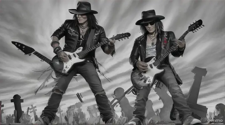 sketch painting using charcoal 360 degree view camera close-ups Guns N' Roses guitarist Freddy Krueger and Slash playing guitars together in a cemetery as the dead emerge from the graves Freddy Krueger A Nightmare on Elm Street With his original clothes and his glove with steel blades