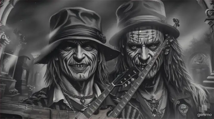Freddy Krueger A Nightmare on Elm Street and Slash Guns N' Roses guitarist playing guitars together in a cemetery as the dead emerge from the graves sketch painting using charcoal 360 degree view camera close-ups Guns N' Roses guitarist Freddy Krueger and Slash playing guitars together in a cemetery as the dead emerge from the graves Freddy Krueger A Nightmare on Elm Street With his original clothes and his glove with steel