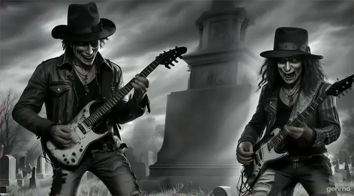 Freddy Krueger A Nightmare on Elm Street observing Slash Guns N' Roses guitarist  playing guitars together in a cemetery as the dead emerge from the graves  sketch painting using charcoal 360 degree view camera close-ups Guns N' Roses guitarist Freddy Krueger and Slash playing guitars together in a cemetery as the dead emerge from the graves Freddy Krueger A Nightmare on Elm Street With his original clothes and his glove with steel 