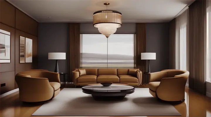 Home interior with two armchair and decor in brown color living room.
