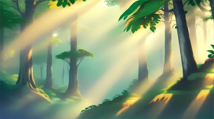 The Digital art illustration cartoon. Fog and smoke In the rainforest, there is sunlight during the day. Background.