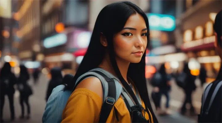 Beautiful female tourist with long black hair, carrying a backpack, walks on the road into the city.