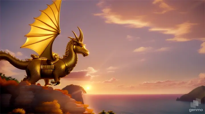 A boy with a golden horned dragon landing on a tropical island softly lit by a warm, rose-colored sunset