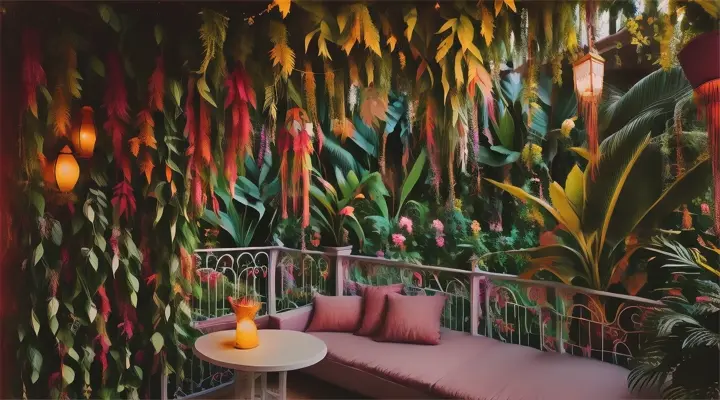 Boho balcony garden transformed into a whimsical jungle, with fantasy creatures peeking out from behind plants