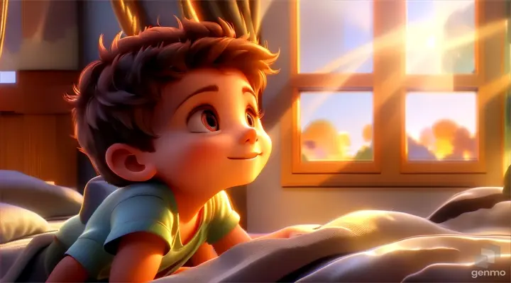 a boy laying in bed looking out the window, sunlight coming through window