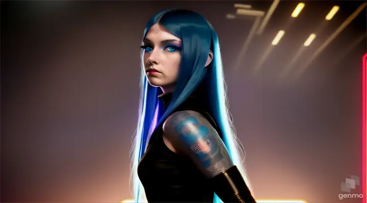 American beautiful young cyberpunk girl with long blue hair and blue eyes, Beautiful eyes and narrow chin. Wearing a black kung fu suit and a black tattoo on his shoulder, Standing in a fighting pose in a nightclub full of humans and cyborgs, Disco lighting, Arcane jinx, RAW photo quality, Cyberpunk, SteamPunk, Bladerunner, Ultra realistic