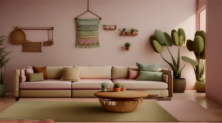 Boho living room in warm desert tones, featuring a pastel couch, sage plants, and desert motifs