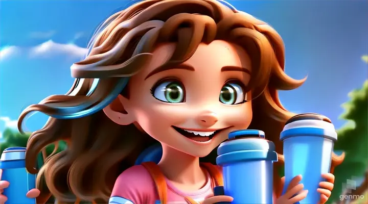 a cartoon girl holding a blue water bottle and smiling