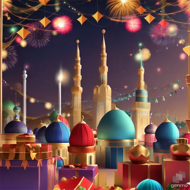 Generate an animation depicting a joyful Eid Al-Fitr celebration with colorful decorations, people exchanging gifts. The animation ends with fireworks lighting up the night sky in celebration. (NO TEXT, NO WATERMARK)