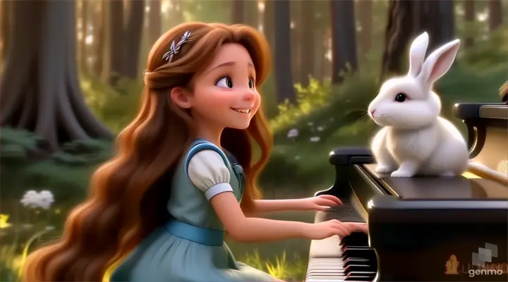 A young beautiful girl with long hair, the girl smiles and plays the piano in the forest with a rabbit next to the piano