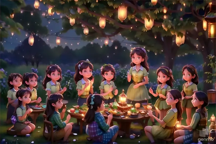 Aria and her friends gathered in the clearing, celebrating their victory with a feast as lanterns twinkle in the trees overhead.