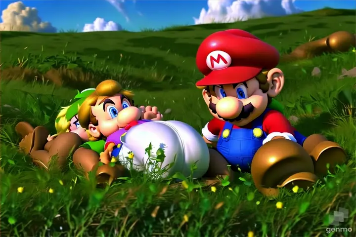 mario and luigi are laying in the grass