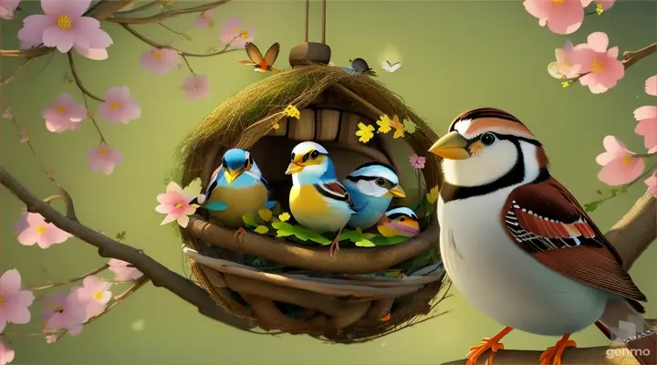 Once upon a time, in a cozy little nest high in the branches of a tall oak tree, lived a mother sparrow and her three babies.cartoon 3d animation 