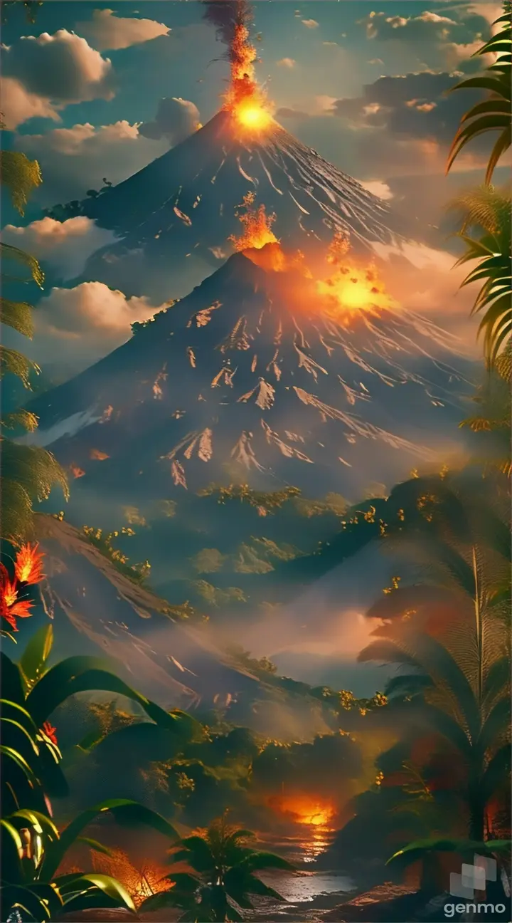 Volcano in forest with a mystical glow, steam rising through the trees