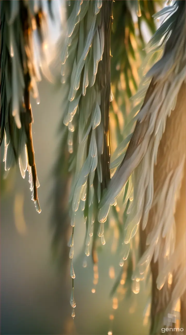 Drops of morning dew collecting on the slender branches of a weeping willow tree.
