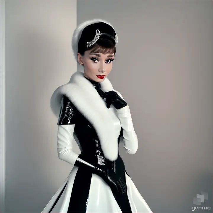 full-length, 

ultradetailed solo photo of Audrey Hepburn, 

in a white room, 

ultra realistic photo of the cruel domineering Audrey Hepburn in a white sable fur bolero, 

in black shiny latex mermaid dress, 

small hat with a black veil