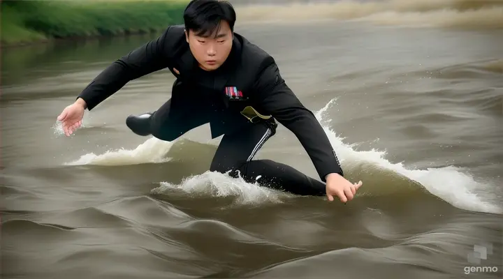 Kim Lee (a Korean man in a black jacket) finally managed to free his legs and jump away from the river bank. He fell to the ground, gasping for breath.a with video of 16:9