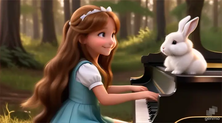 A young beautiful girl with long hair, the girl smiles and plays the piano in the forest with a rabbit next to the piano