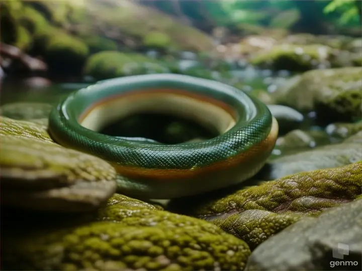 A close-up image of a coiled snake resting on a moss-covered rock, its eyes fixed on the viewer with a piercing gaze, evoking a sense of primal fear and fascination.