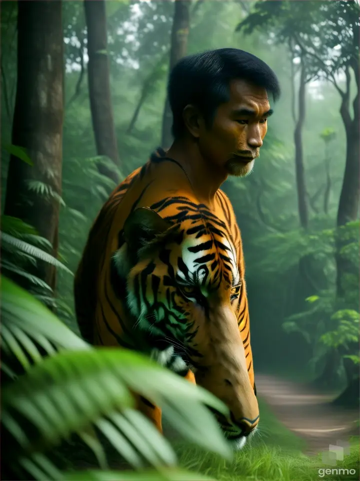 an Indonesian man was walking in the forest with a big tiger