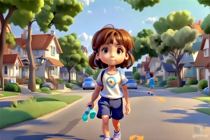 a young girl is walking down the street