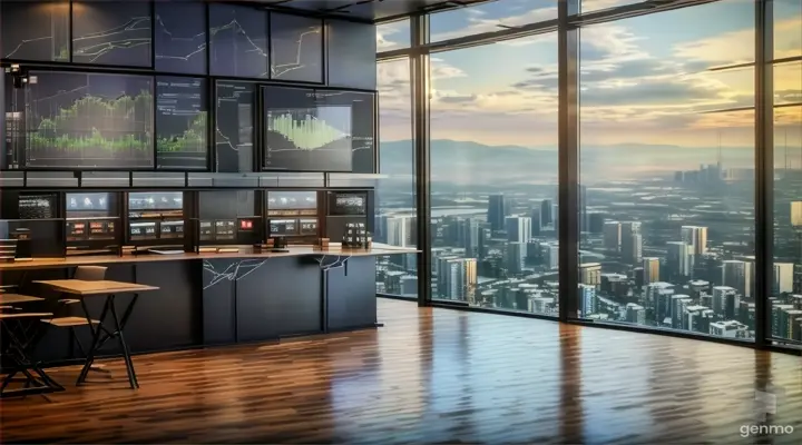 sky, building, table, interior design, floor, flooring, wood, window, glass, cabinetry,robot trading,stock trading motion,loop