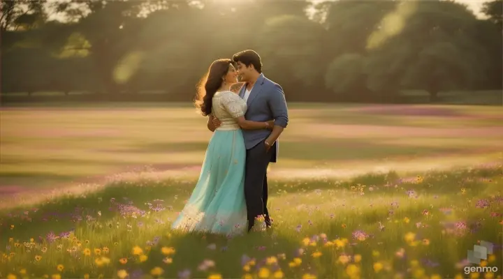 4k High definition Video opens with a serene shot of a sun-kissed meadow, where wildflowers sway gently in the breeze. The scene transitions to a young actor Aamir Khan and actress Madhuri Dixit walking hand in hand through the meadow, their smiles radiating warmth and affection