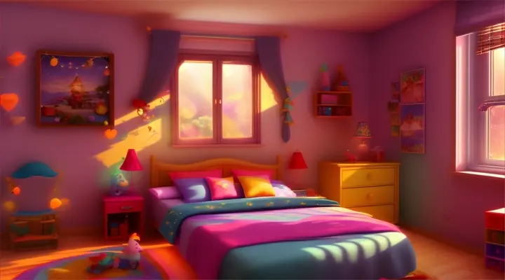 The scene opens bedroom, Cartoon, Colorfull, Pixar style, a cozy, cluttered space filled with floating toys and glowing fairy lights, casting soft shadows, 3D.