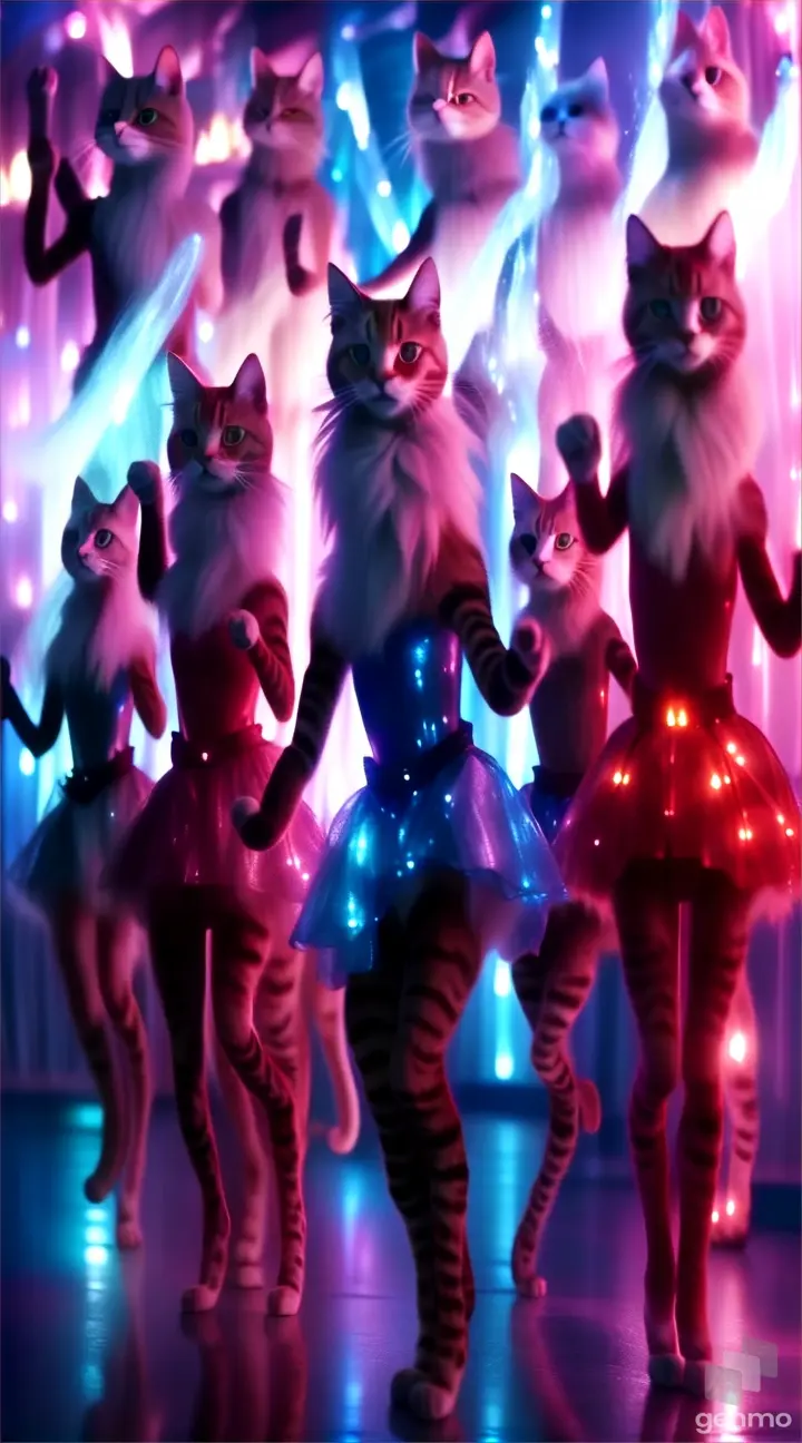 a group of cats that are standing in the dark