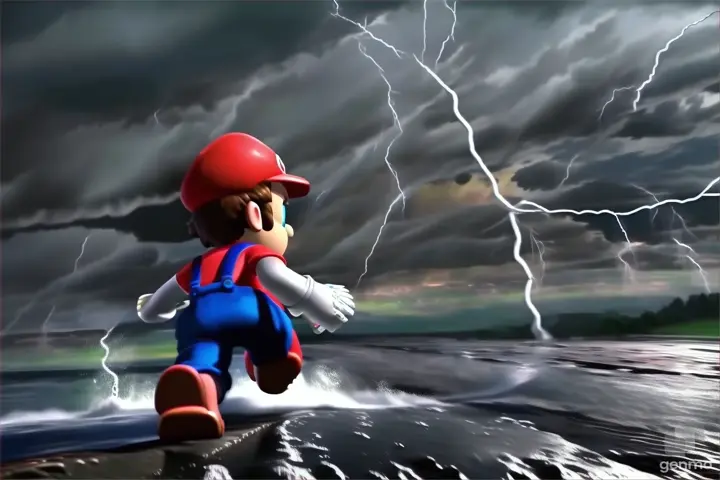 a nintendo wii game character running through a storm