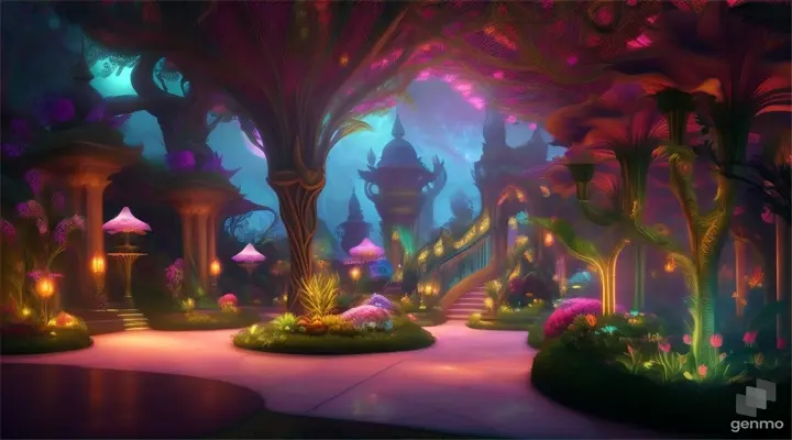 Moonlit garden with exotic flowers, surrealistic style, digital art